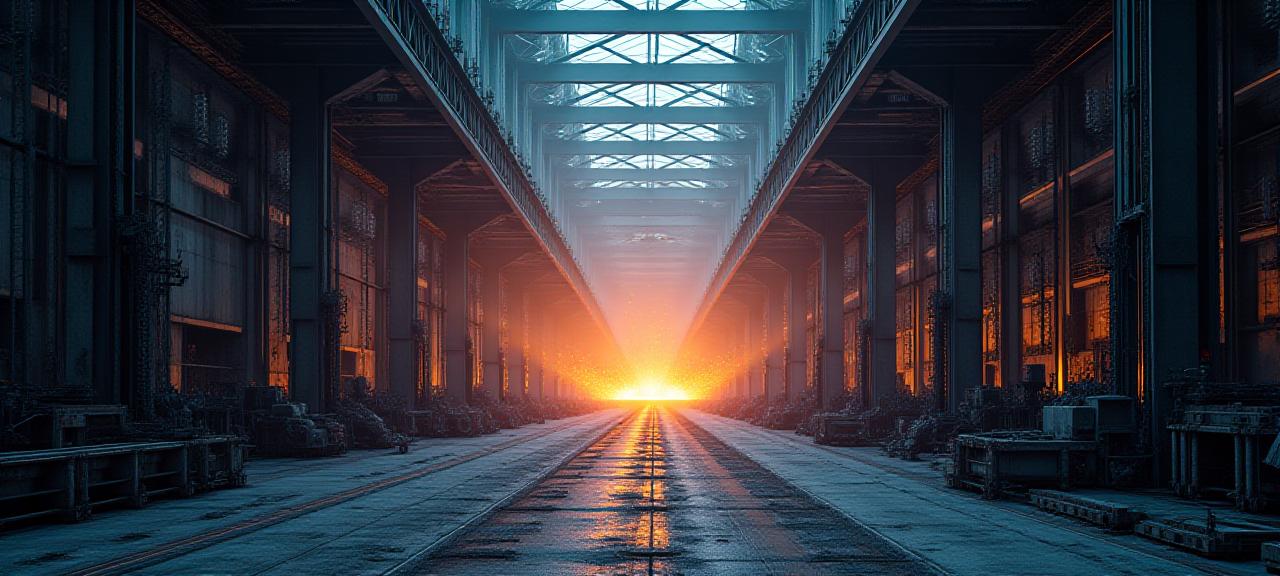 Heavy industrial steel manufacturing facility with cinematic lighting